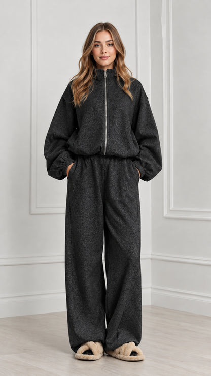 Women's charcoal dark grey two-piece fleece tracksuit set