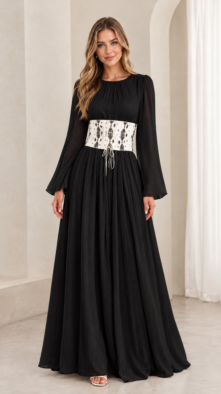 Black long flare sleeve chiffon maxi dress with contrast cream embroidered waist