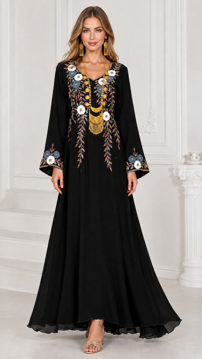 Full-length black embroidered kaftan maxi dress with bell sleeves