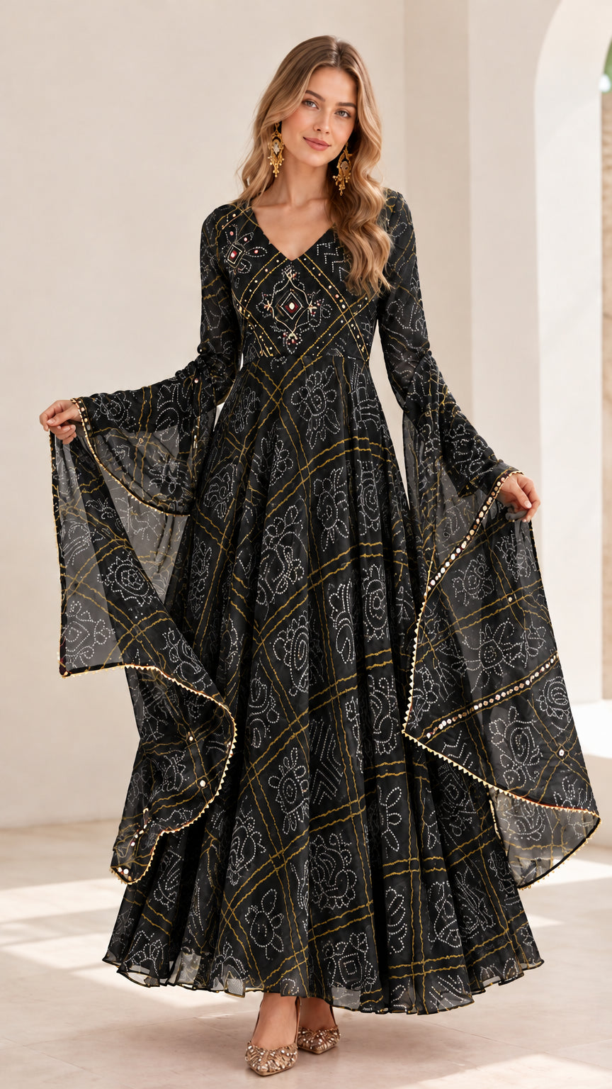 Model wearing black geometric printed bell sleeve maxi dress