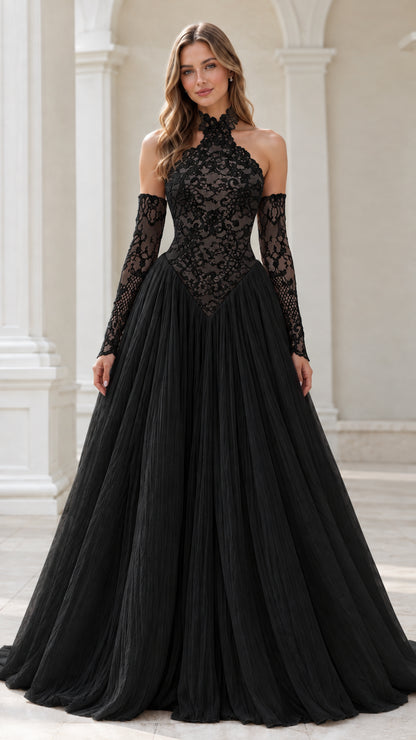 Black lace halter basque waist evening dress with matching lace sleeves