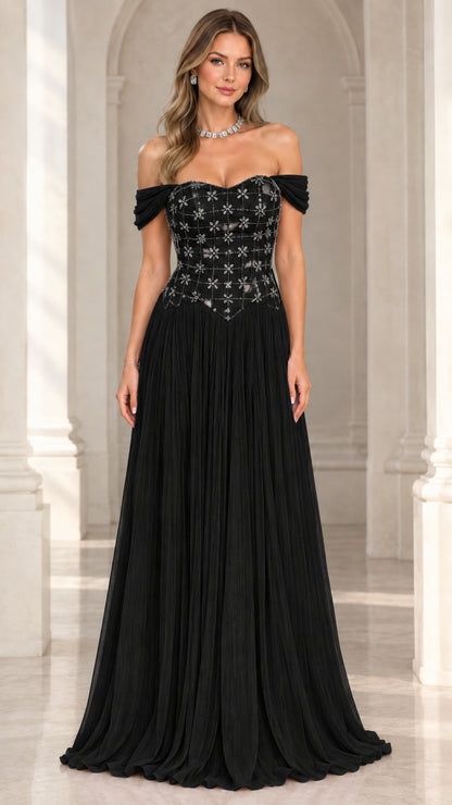 Black off-the-shoulder beaded bodice pleated formal evening gown