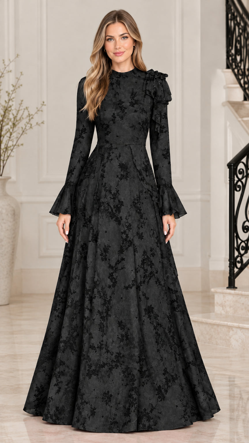 Black floral jacquard long bell sleeve formal evening gown