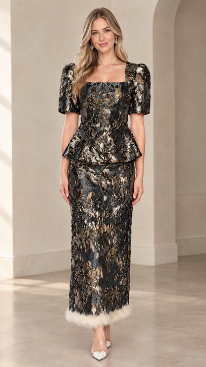 Front view of black and gold floral metallic jacquard peplum maxi set