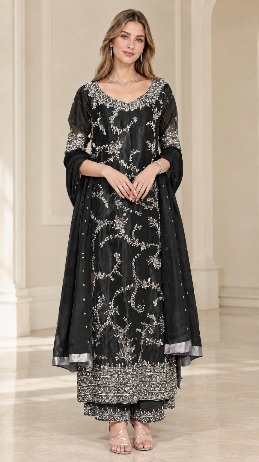 Classic Black embroidered kurta palazzo suit set with matching dupatta