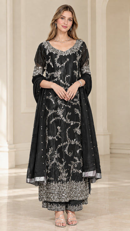 Classic Black embroidered kurta palazzo suit set with matching dupatta