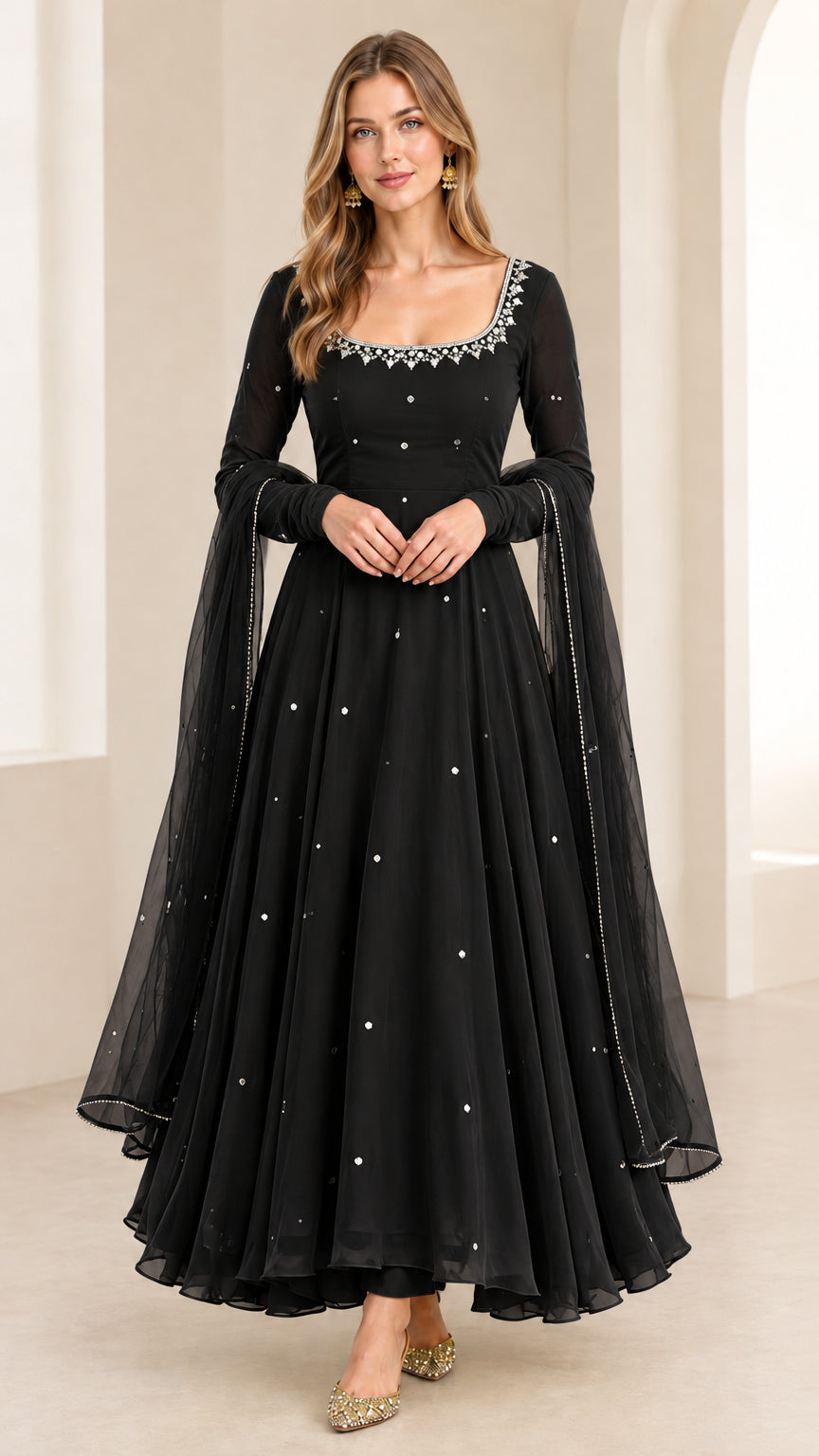 Front view of woman wearing Black embellished long sleeve Anarkali maxi gown with dupatta