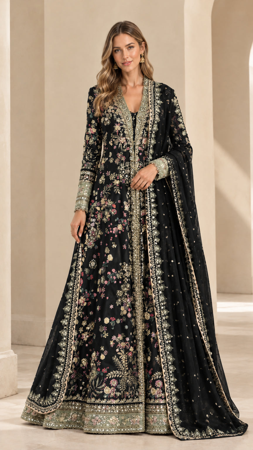Front view of black embroidered floor-length gown with matching sheer dupatta