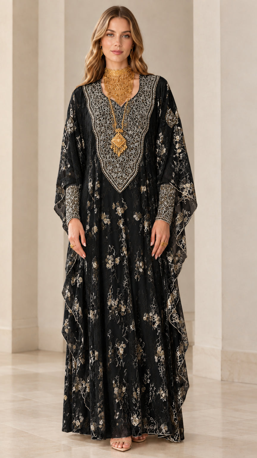 Full front view of women's black embroidered lace kaftan maxi dress