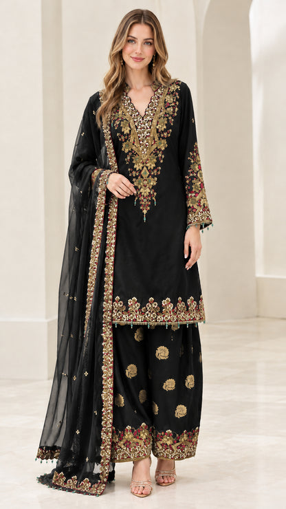 Front view of women's classic black embroidered kurta palazzo suit set with dupatta
