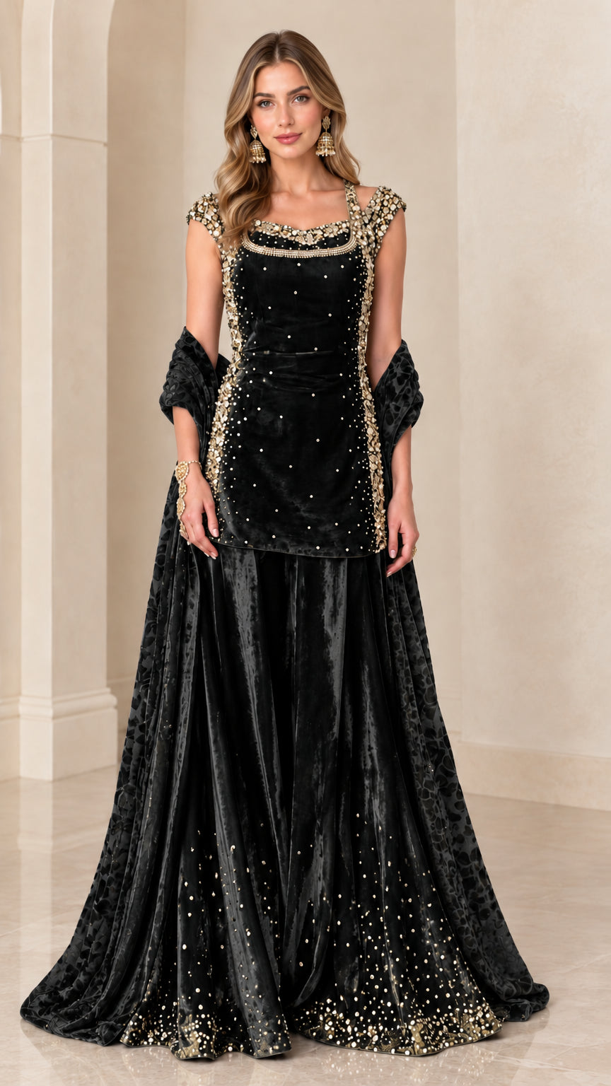 Black embellished velvet sleeveless tunic and flared skirt evening set