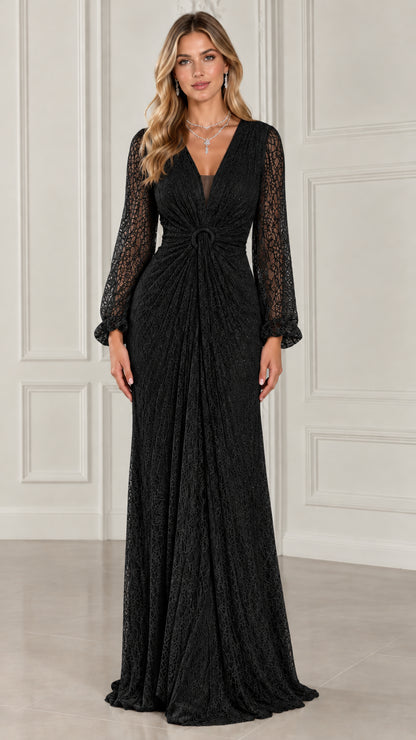 Full-length view of model in Black long sleeve lace evening dress