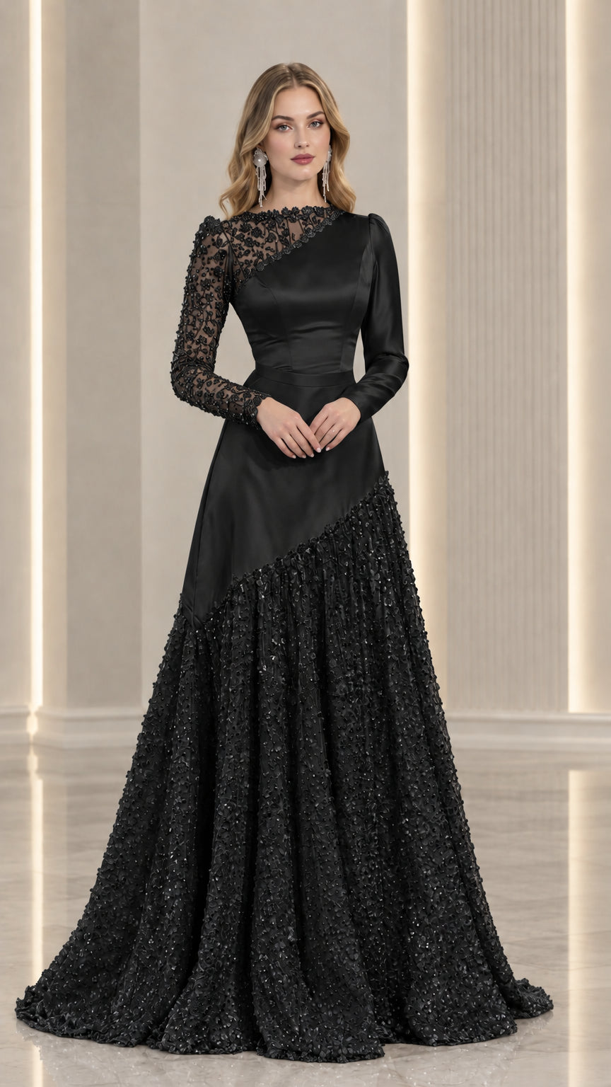 Black asymmetrical satin and lace long sleeve evening gown
