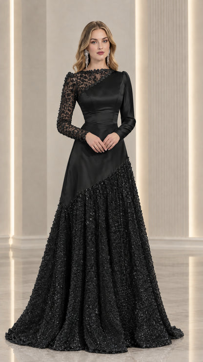 Black asymmetrical satin and lace long sleeve evening gown