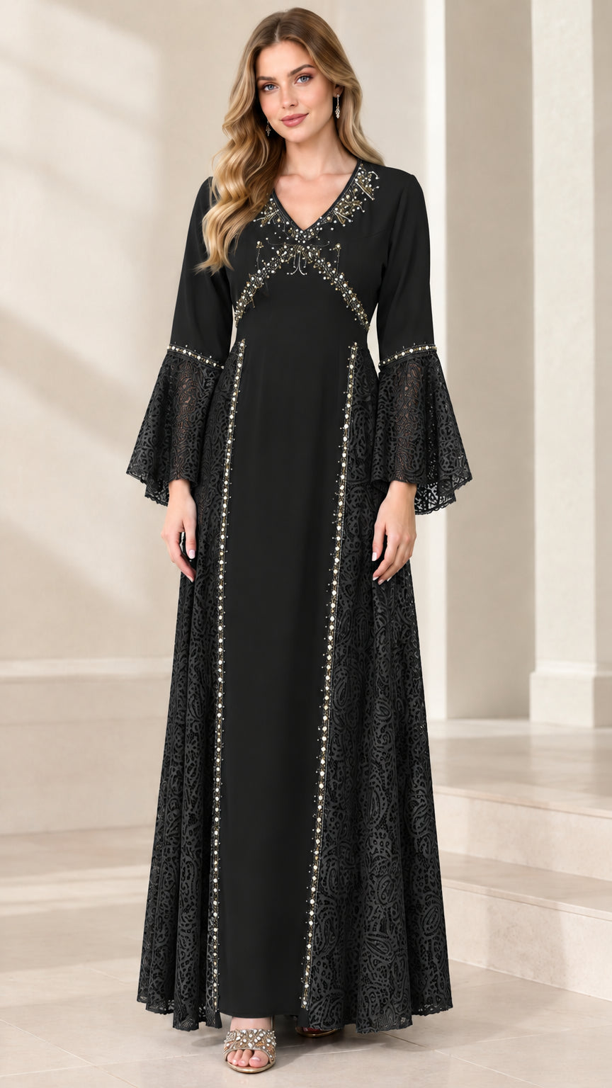 Front view of the beaded V-neck lace panel bell sleeve maxi dress in black