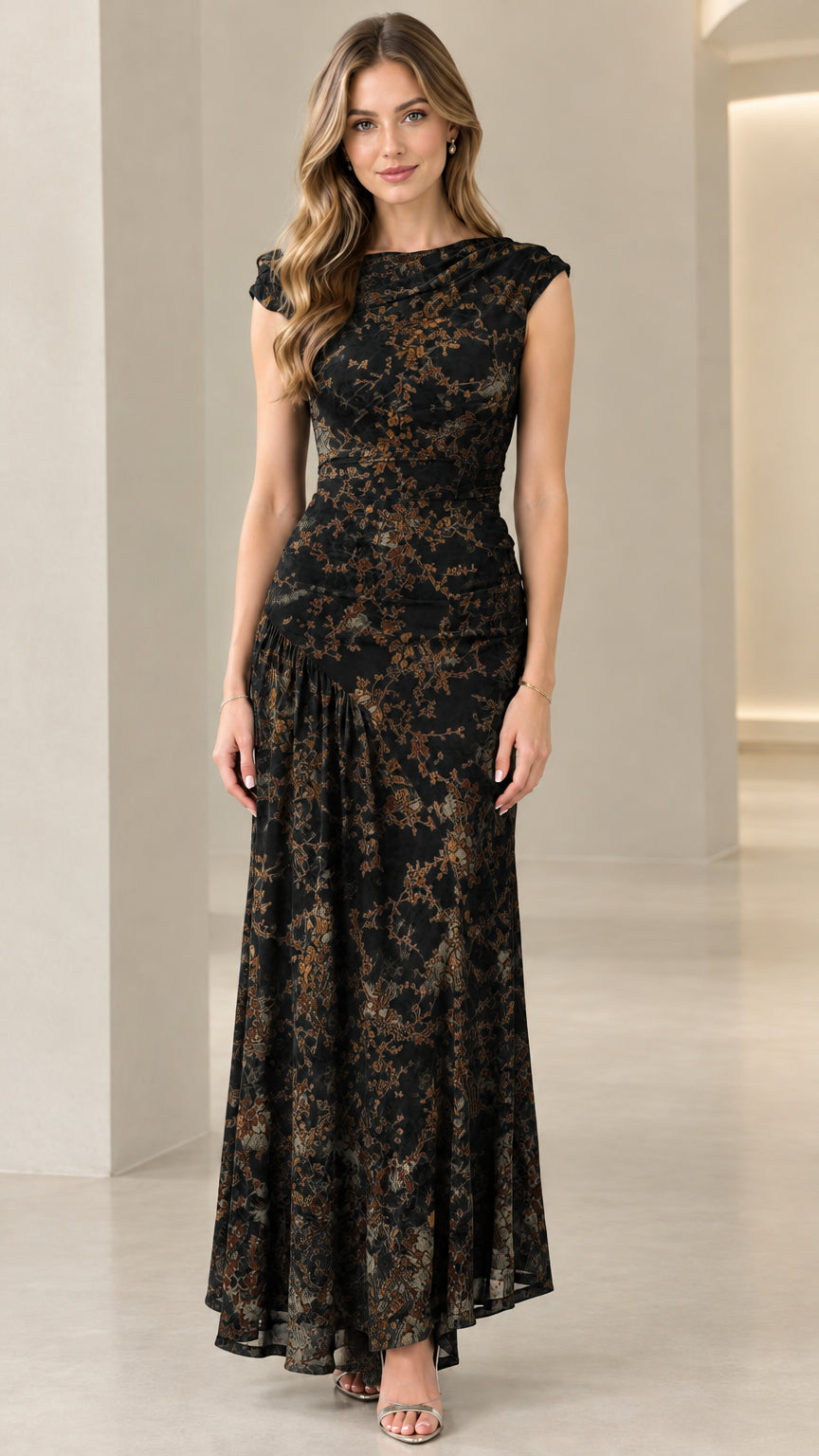 Front view of black vintage floral draped maxi dress