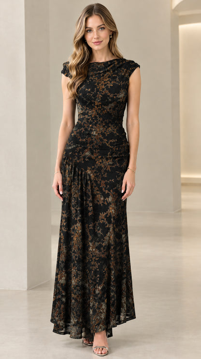 Front view of black vintage floral draped maxi dress