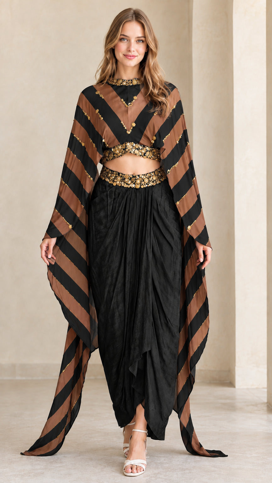 Model wearing Black striped cape top and matching draped dhoti pant set