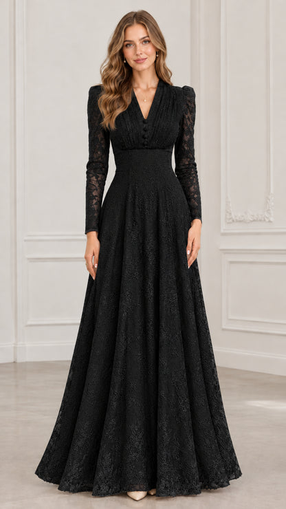Front view of long sleeve black floral lace A-line maxi evening gown