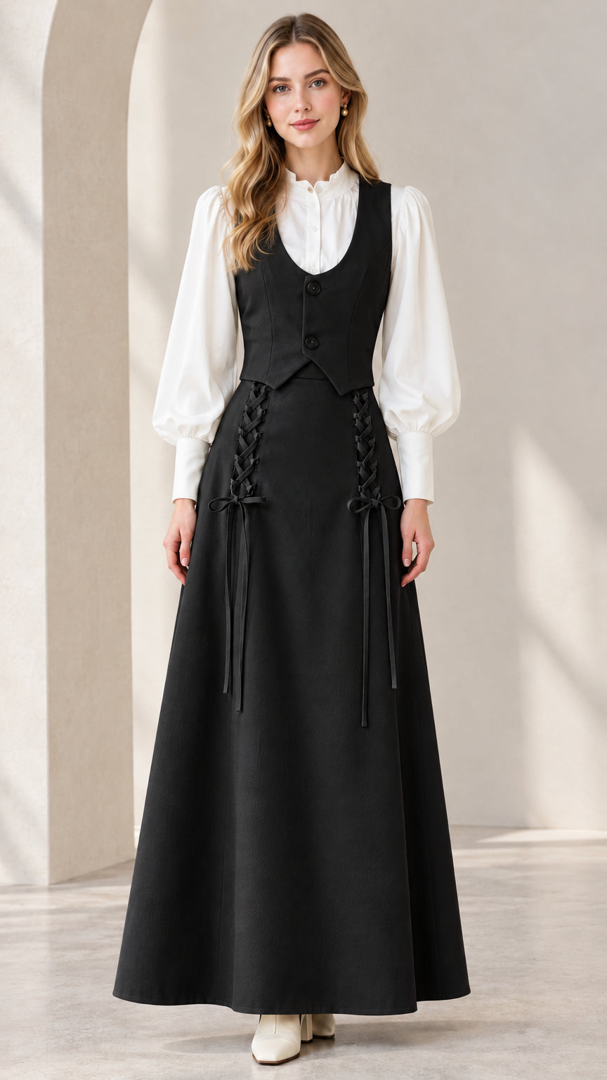 Full front view of black vintage tailored vest and lace-up maxi skirt set