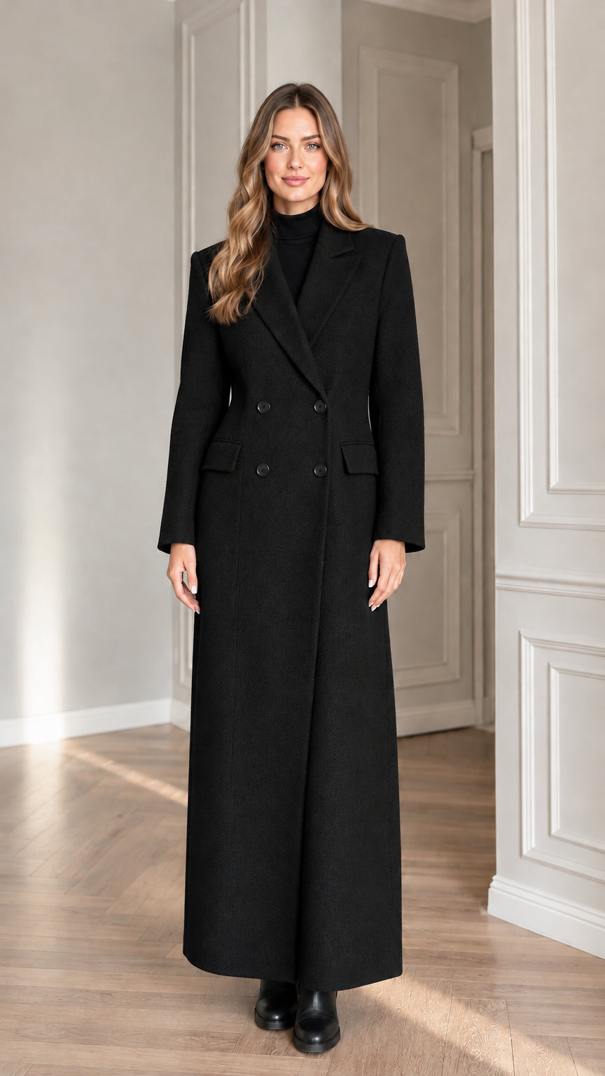 Full-length front view of woman wearing black tailored double-breasted maxi coat