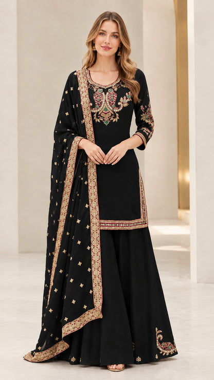 Front view of black embroidered sharara suit set with dupatta
