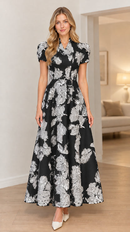 Black and white floral jacquard short sleeve maxi dress