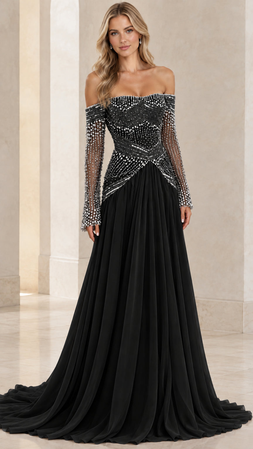 Front view of off-the-shoulder long sleeve beaded evening gown in black