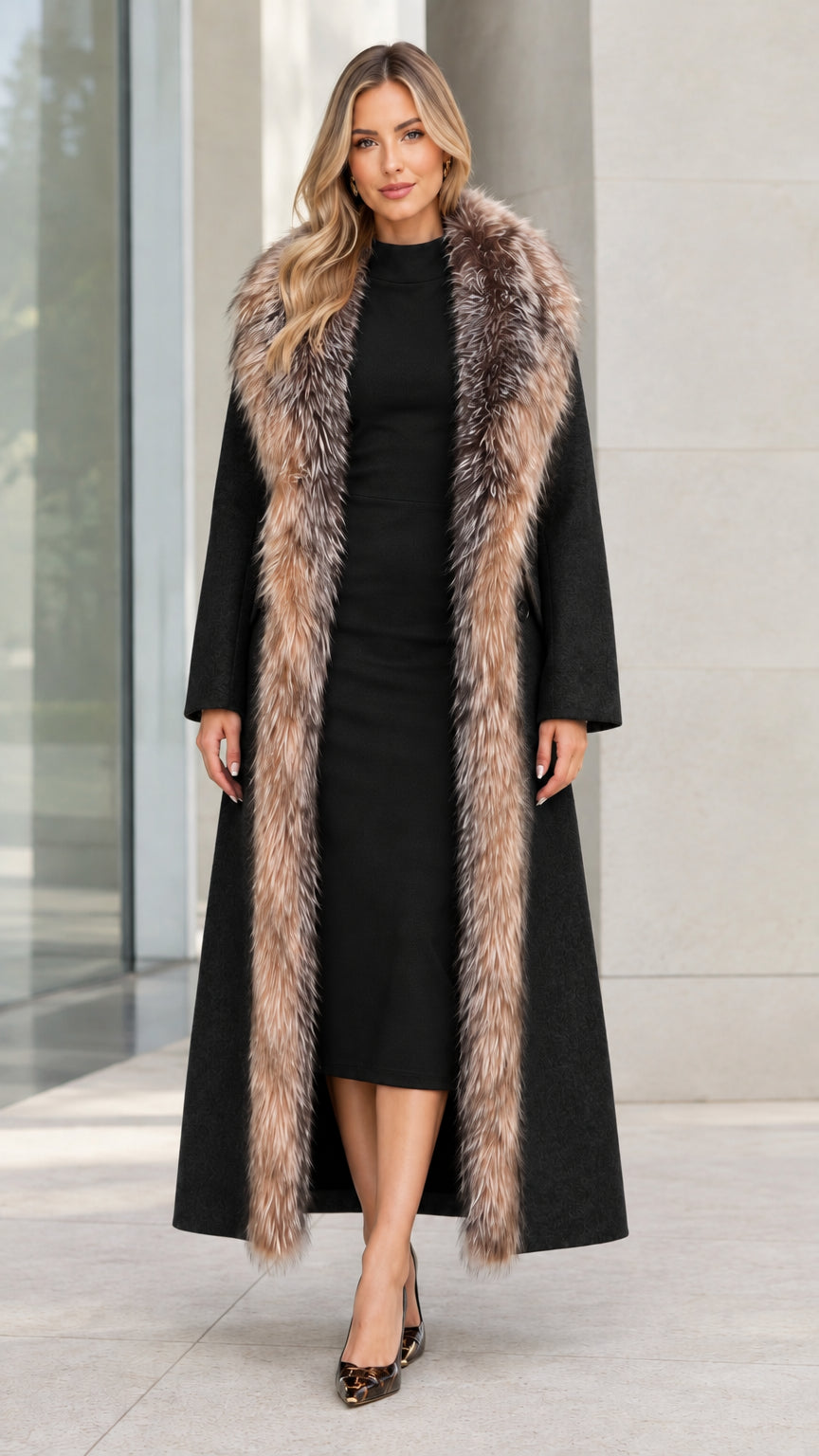 Women's black maxi overcoat with plush faux fur shawl collar