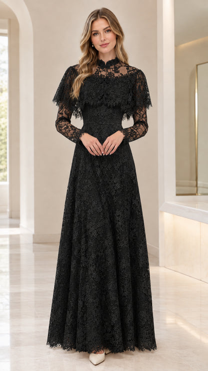 Front view of woman wearing black lace capelet maxi evening gown