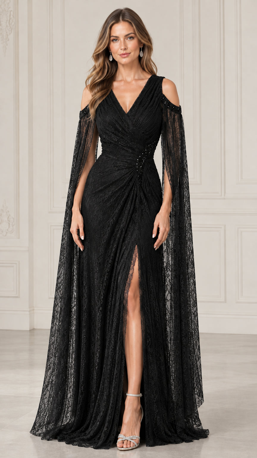 Black cold shoulder lace cape sleeve formal evening gown