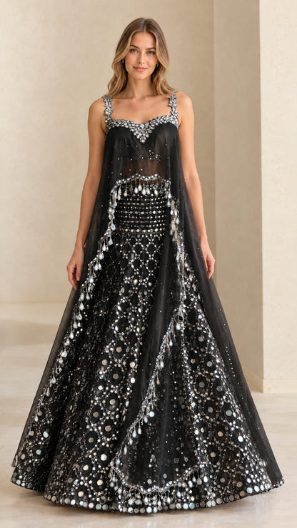 Black sequined cape overlay evening gown with silver crystal embellishments