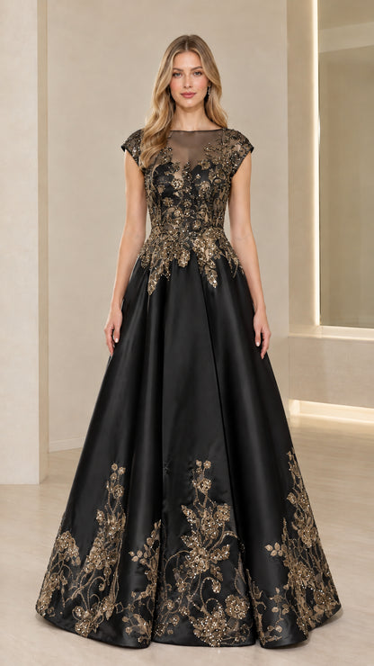 Classic Black embroidered satin floor-length evening dress