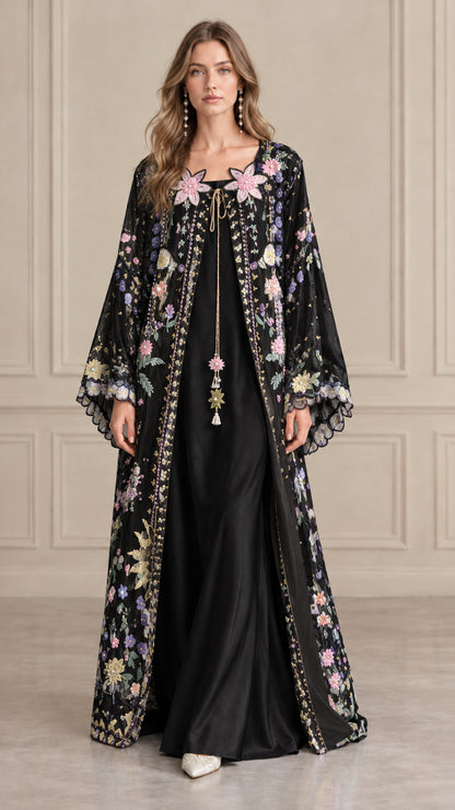 Black floral embroidered open robe over matching satin maxi slip dress