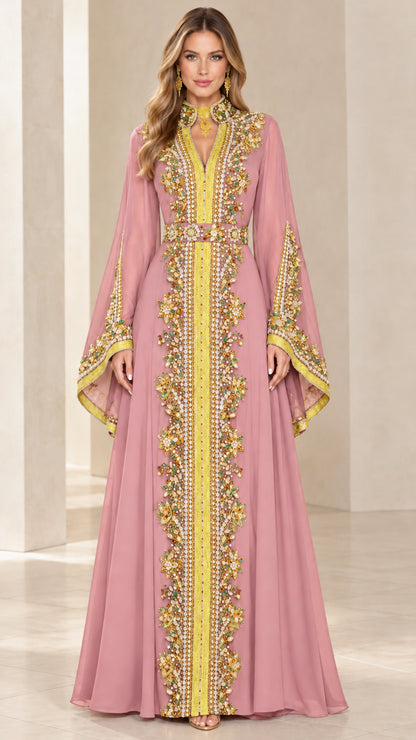 Dusty pink embroidered bell sleeve caftan maxi evening dress