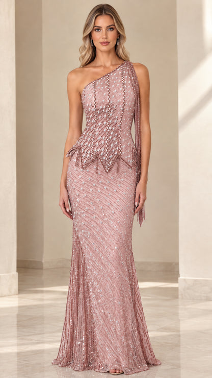 Model wearing Dusty Rose one-shoulder sequined maxi evening gown