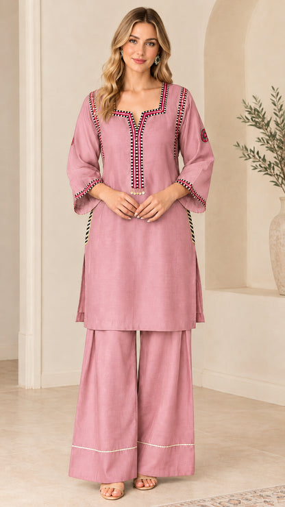Model wearing Dusty Pink embroidered tunic top and wide-leg palazzo pants set