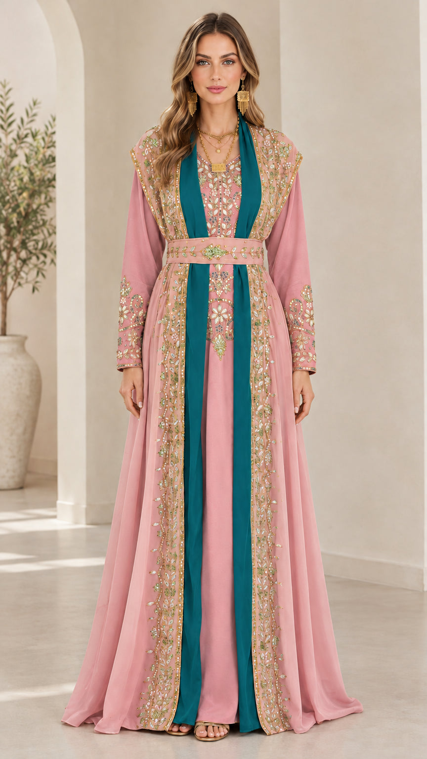 Full-length front view of blush pink Moroccan caftan maxi dress with teal accents