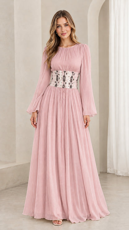 Blush pink long sleeve chiffon maxi gown with embroidered cinched waistband