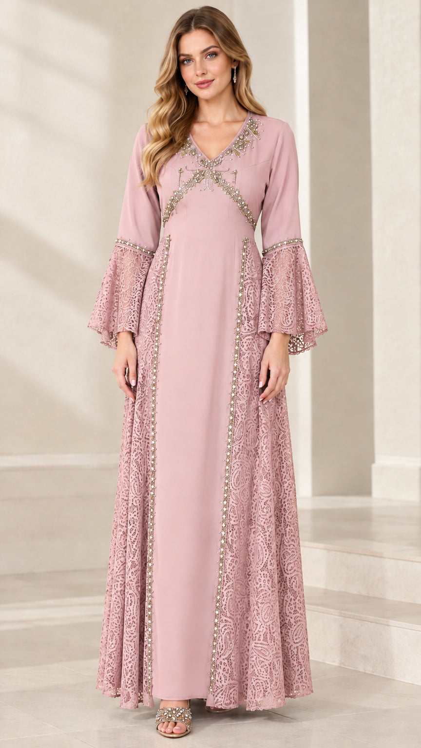 Front view of the beaded V-neck lace panel bell sleeve maxi dress in dusty pink