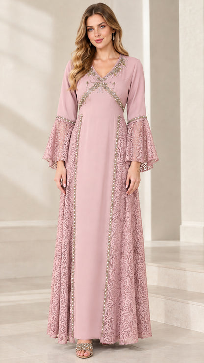 Front view of the beaded V-neck lace panel bell sleeve maxi dress in dusty pink