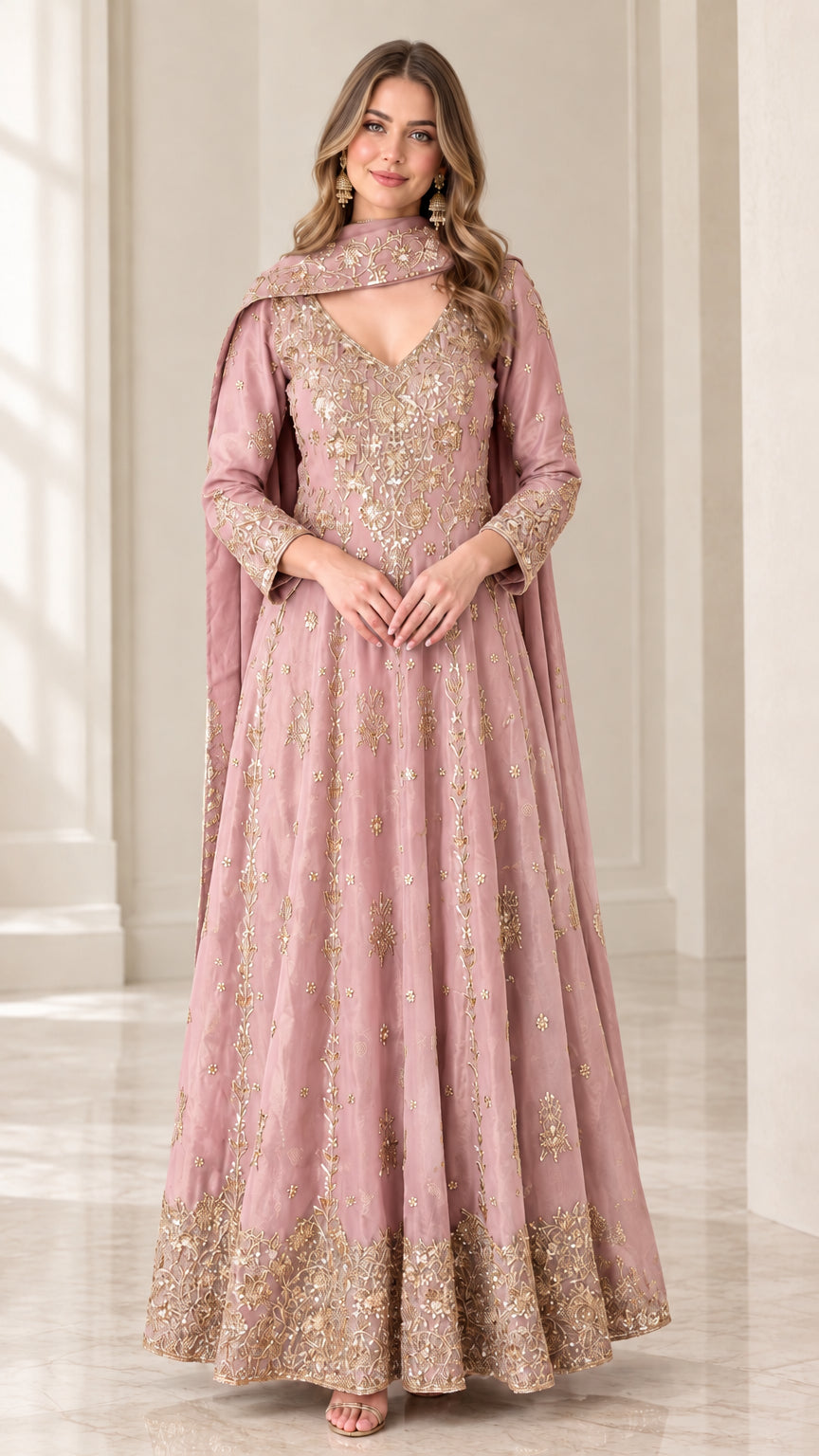 Front view of woman wearing dusty pink embroidered Anarkali gown with dupatta