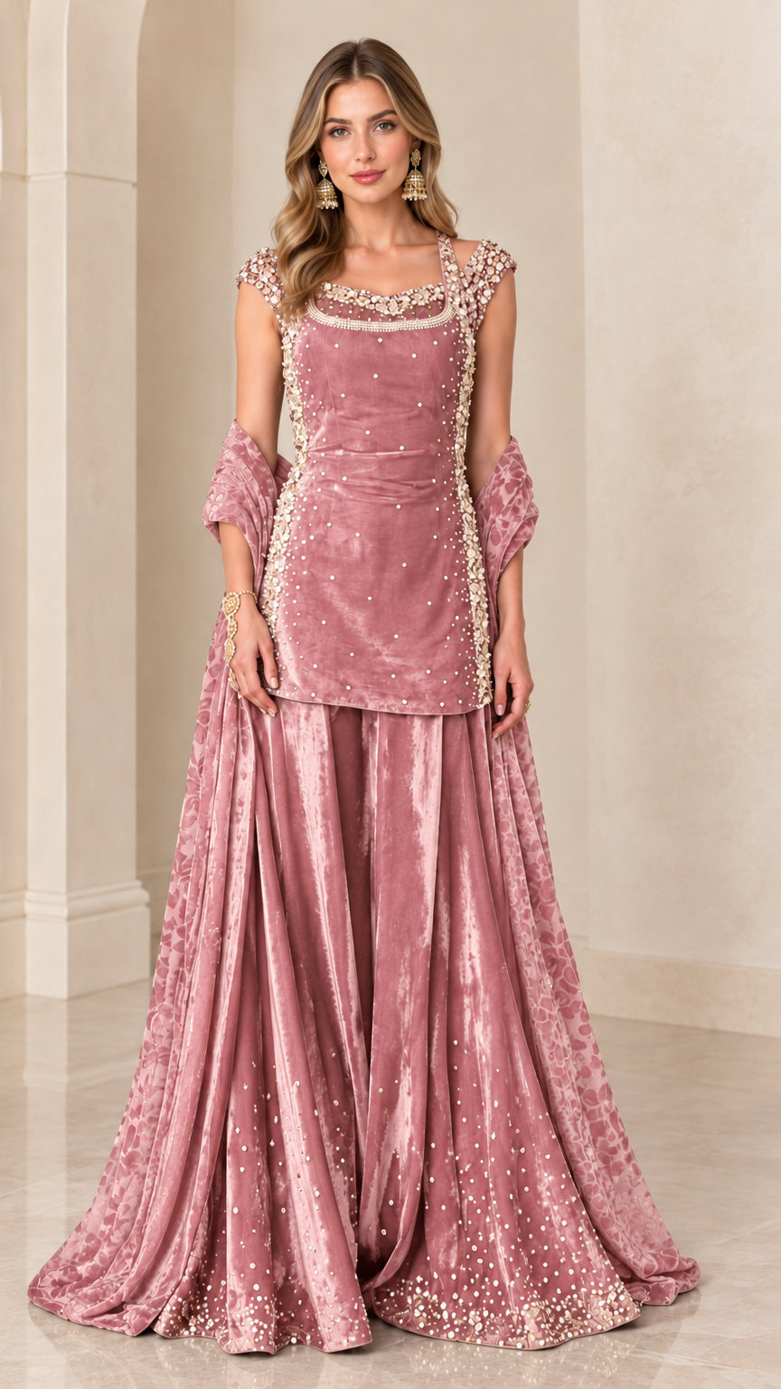 Dusty pink embellished velvet tunic and floor-length skirt set
