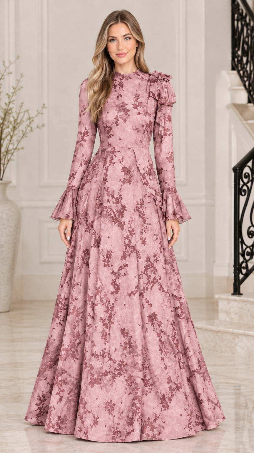 Dusty Rose floral jacquard long sleeve A-line maxi dress