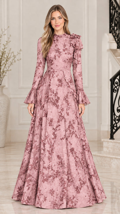 Dusty Rose floral jacquard long sleeve A-line maxi dress