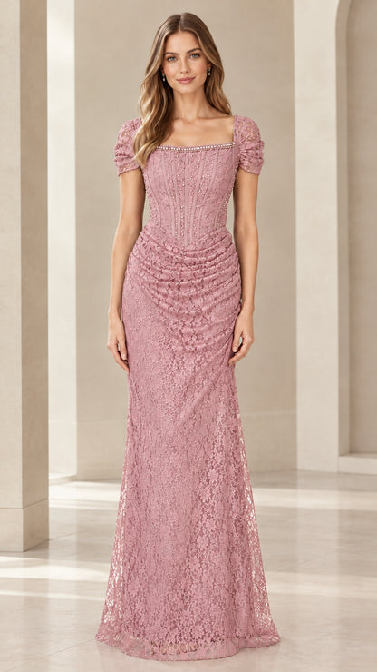 Dusty Rose pink lace formal maxi dress with corset bodice