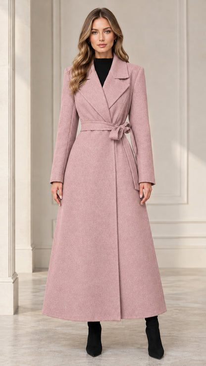 Front view of woman wearing the dusty pink belted maxi wrap coat