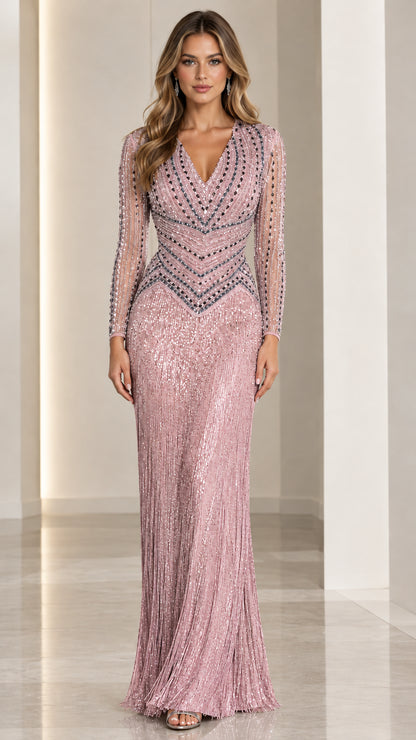 Front view of blush pink beaded long sleeve sequin formal gown