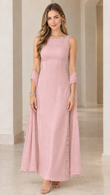 Dusty pink sleeveless formal maxi dress with crystal beading and shawl