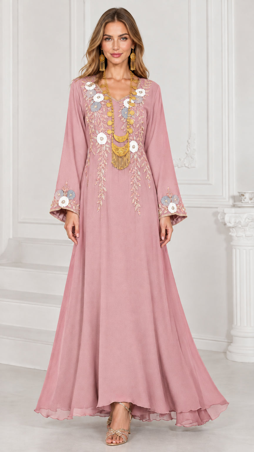 Full-length dusty pink embroidered kaftan maxi dress with bell sleeves